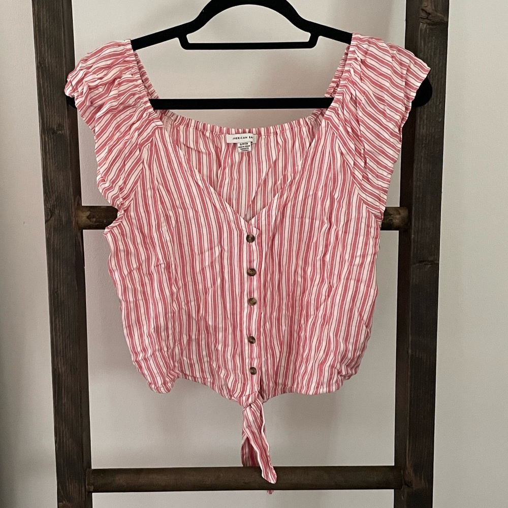 american eagle front tie striped blouse